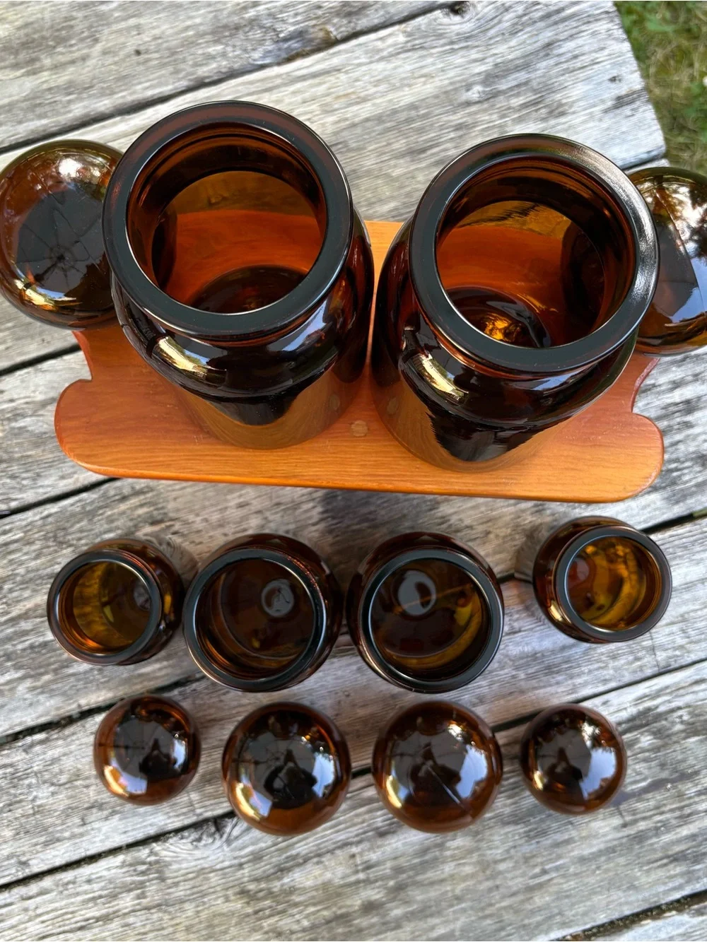Set of Six Vintage Belgium Amber Brown Glass Apothecary Bottles
